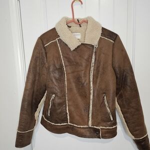 Marrakech Sherpa Lined Faux Suede Moto Jacket | Brown Distressed Biker